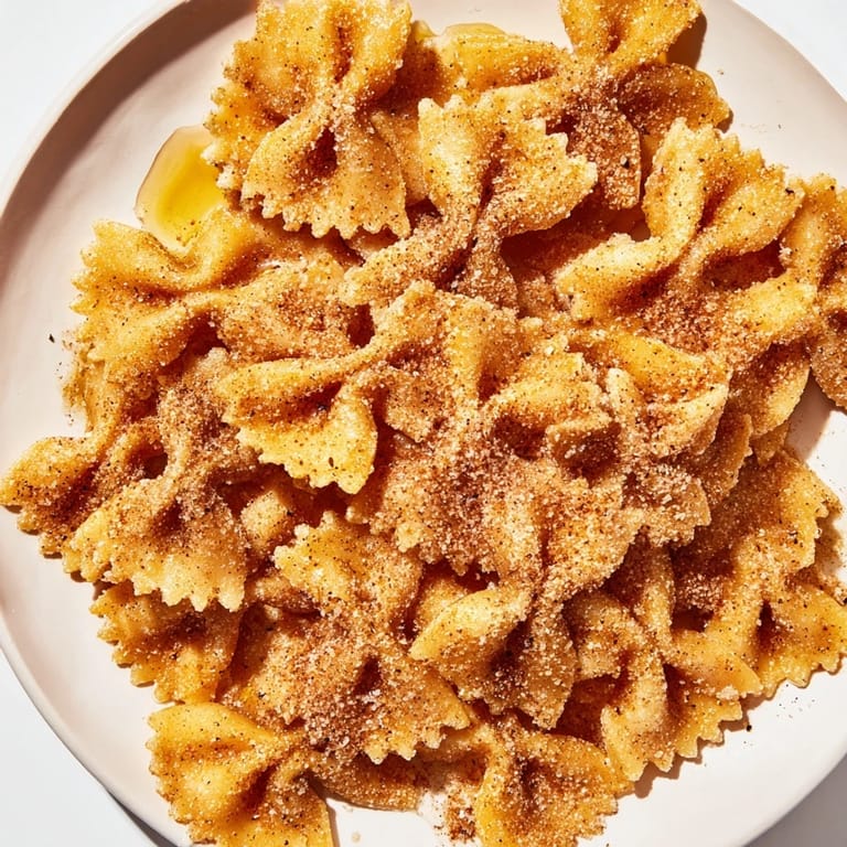 Crispy bowtie pasta for Air Fryer Pasta Christmas Crack, glistening with cinnamon sugar, ready to eat!