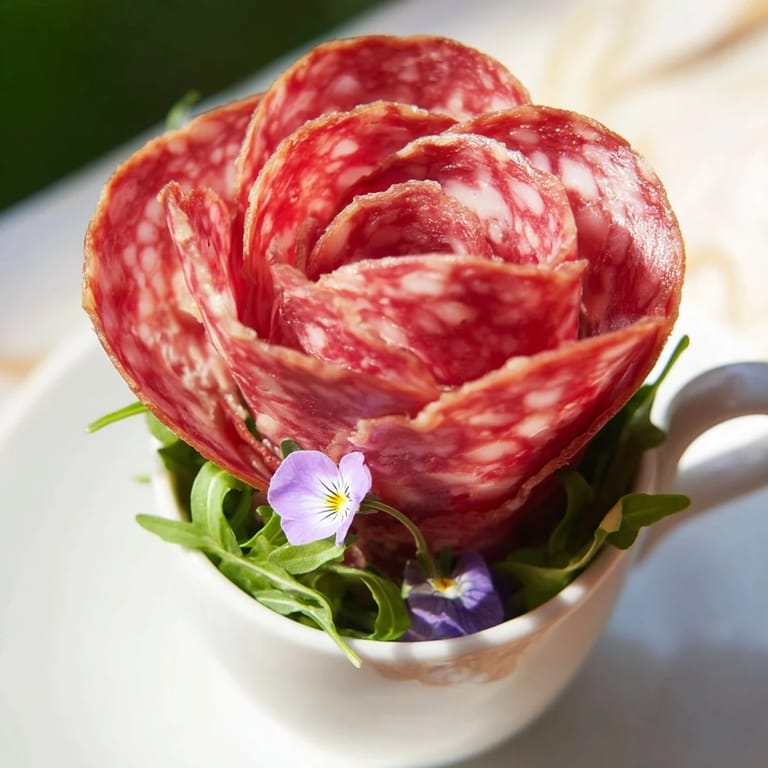 Elegant Victorian Tea Roses presented in porcelain teacups with pepperoni and salami "petals" ready to enjoy.