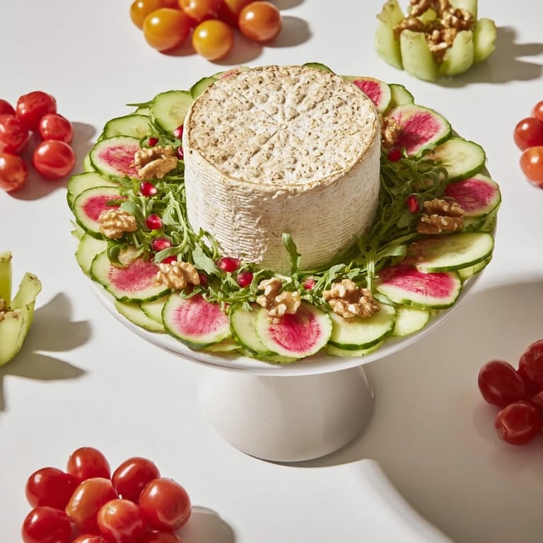 This elegant The Zenith Point salad presents a striking cheese wheel, encircled by colorful, fresh ingredients in rows.