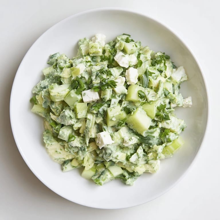 A bright, refreshing bowl of Green Goddess Cabbage Dip with visible pieces of crisp vegetables and green herbs.