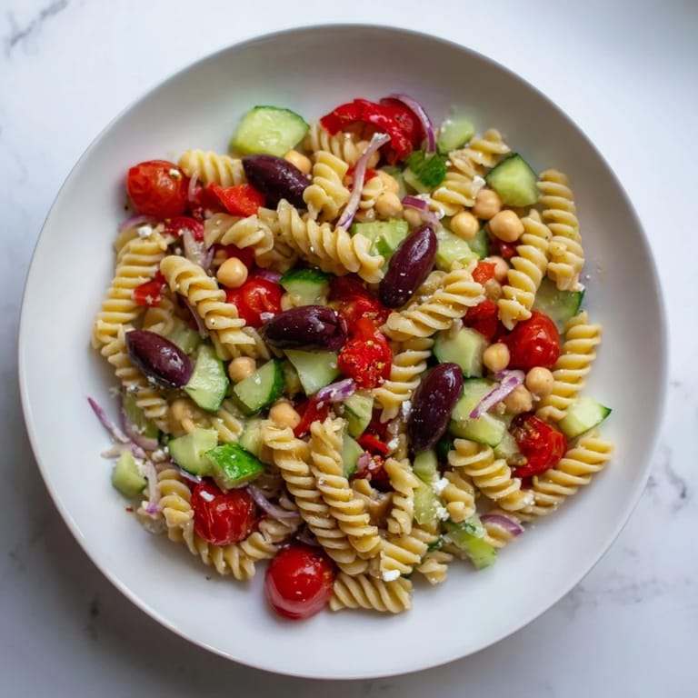 A refreshing bowl of Mediterranean Pasta Salad with chickpeas, tossed in a bright lemon dressing, is ready to serve.