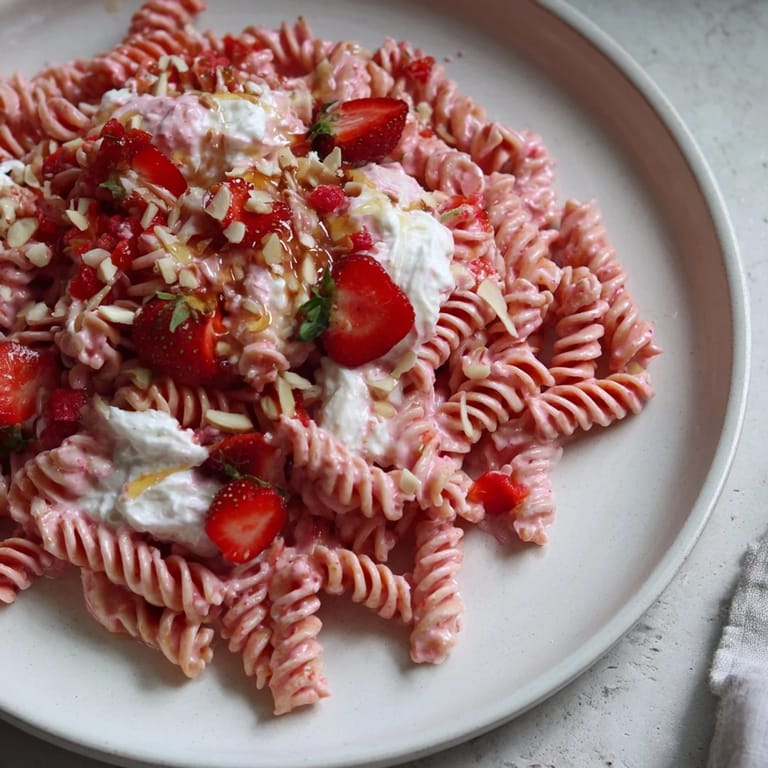 This Sweet Strawberry Yogurt Pasta recipe features bright red strawberries mixed with yogurt and pasta.