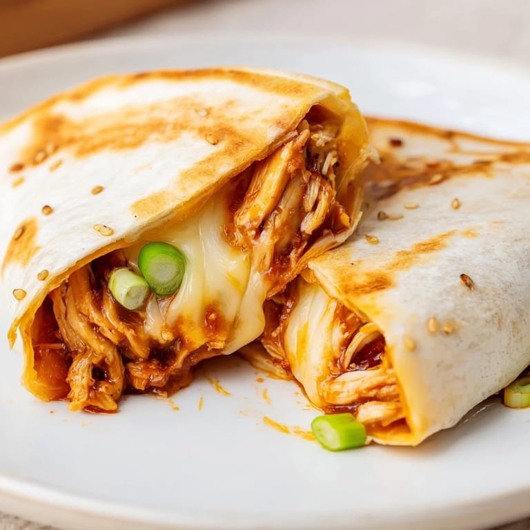 A close-up shot of the savory Korean BBQ Chicken Wrap Grilled Cheese, ready to be sliced and enjoyed.