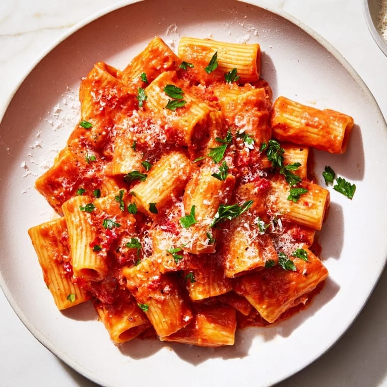 A steaming bowl of Gigi Hadid-Style Spicy Rigatoni, ready to serve with extra Parmesan cheese.