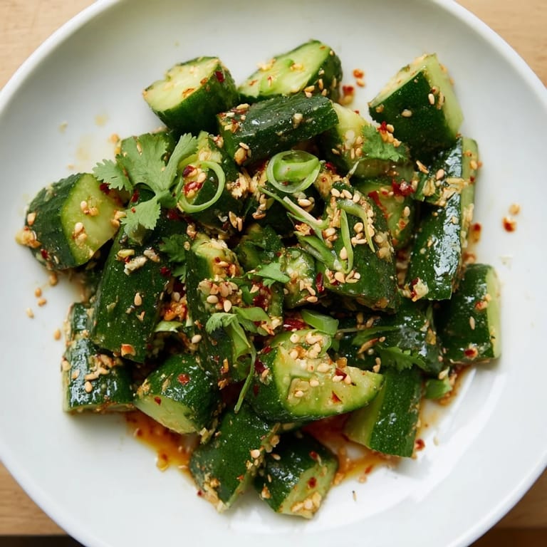 Close-up of the Chinese Spicy Smashed Cucumber Salad, showing glistening cucumbers coated in the flavorful dressing with sesame seeds.
