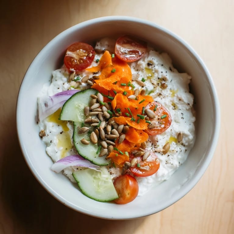 A vibrant cottage cheese snack bowl featuring colorful tomatoes, cucumbers, and a sprinkle of chives.