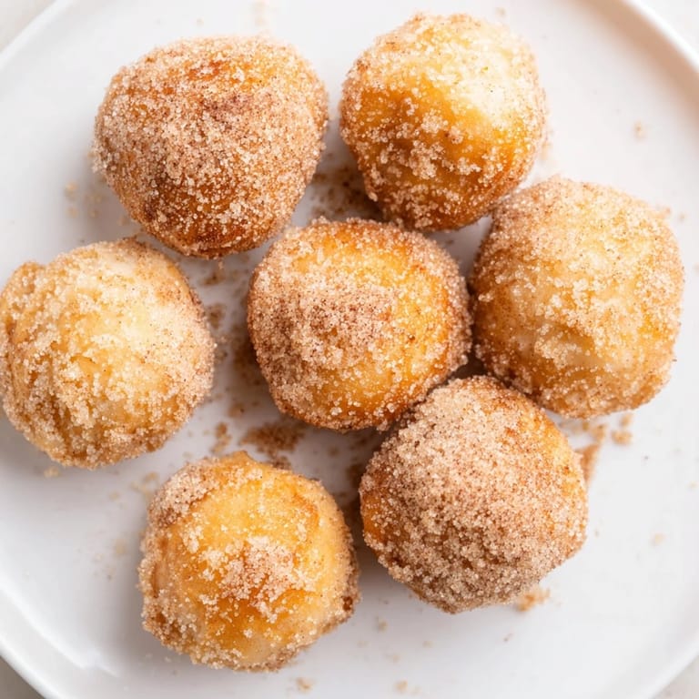 Warm, bite-sized Air Fryer Cinnamon Donuts, coated in a sweet, crunchy cinnamon-sugar mixture ready to enjoy.