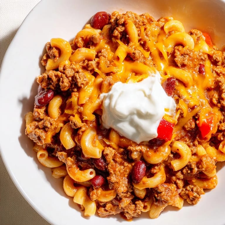 Warm bowl of One-Pot Chili Mac, with visible chunks of beef and a rich tomato sauce.