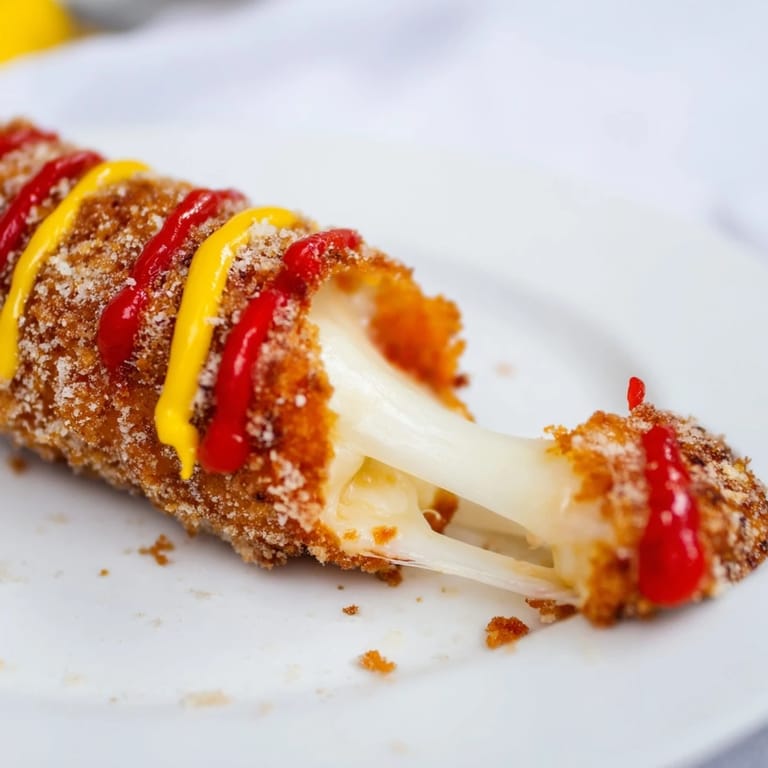 A close-up captures the crispy exterior and gooey cheese of these Korean Corn Dogs.