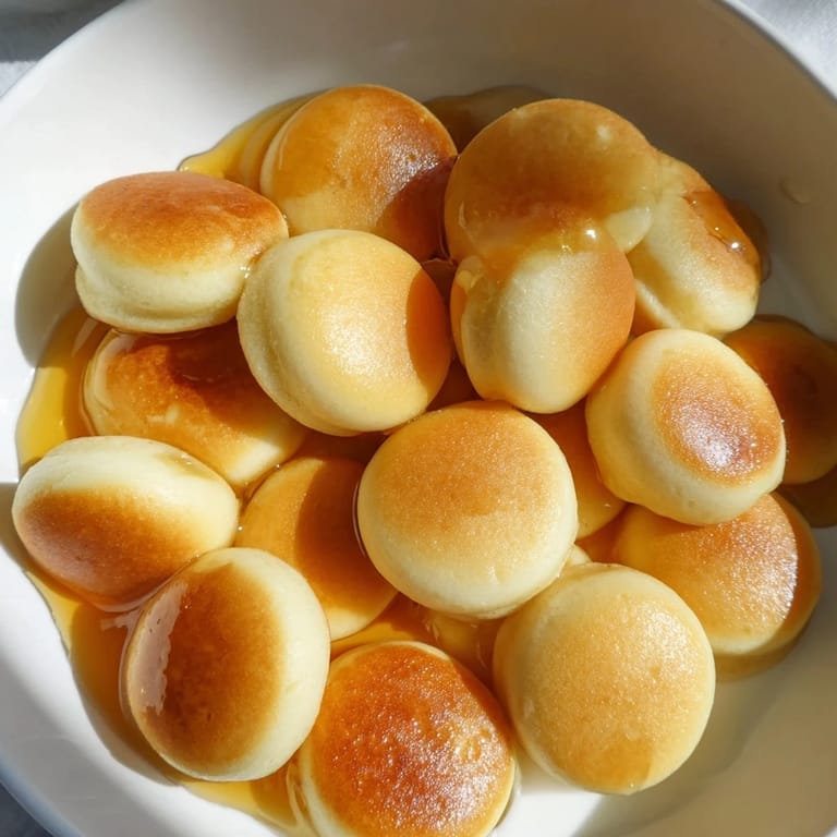 Close-up of adorable pancake cereal, perfectly sized pancakes drizzled with sweet maple syrup.