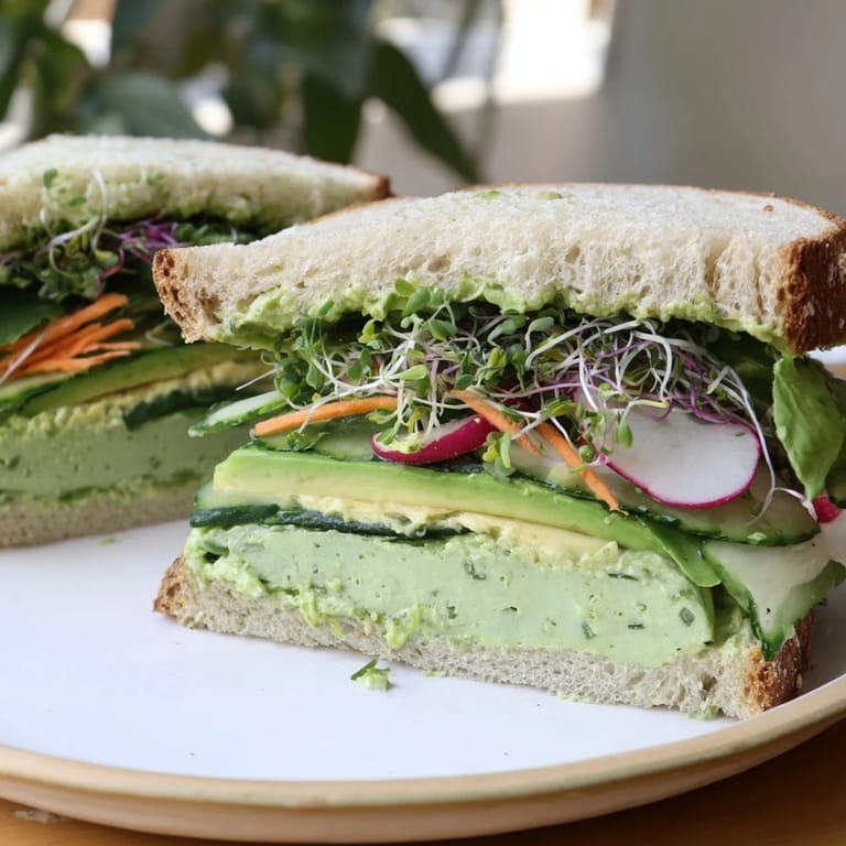 Slices of a freshly made Green Goddess Sandwich showcasing creamy filling and healthy ingredients.