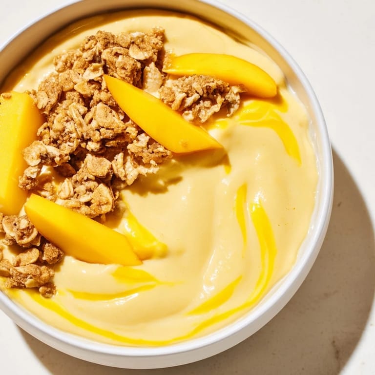 A refreshing close-up shows the vibrant yellow color of finished Mango Blended Overnight Oats.