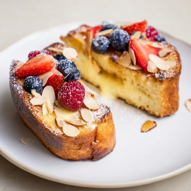 Crispy-edged custard toast served with fresh berries, a delicious American brunch idea.