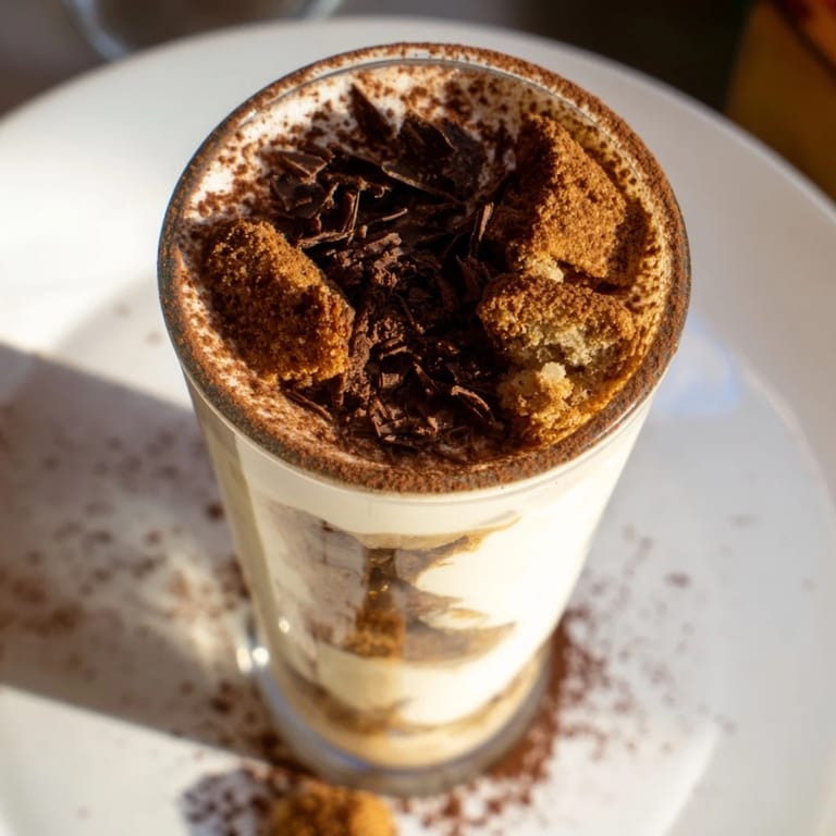 A close-up of a creamy Tiramisu Latte, showcasing the layers of biscuit, mascarpone, and rich espresso.