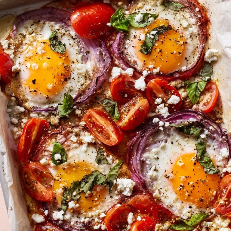 This sheet pan of Tomato Feta Baked Eggs shows perfectly roasted tomatoes with creamy feta, ready to eat.