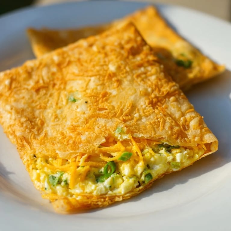 Perfectly golden-brown Rice Paper Egg & Cheese Fold, with cheesy, egg filling visible and ready to eat.