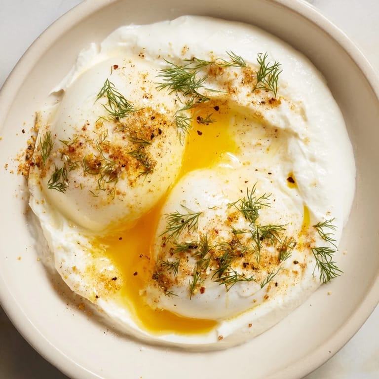 Enjoy a comforting plate of Cilbir, with fresh dill garnishing the breakfast dish beautifully.