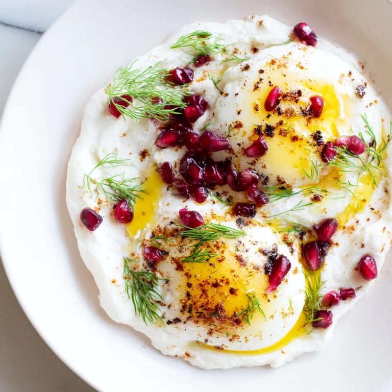 Delicious and colorful Çılbır, a Turkish breakfast featuring runny yolks and fresh pomegranate seeds.
