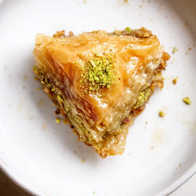 A close-up shot of homemade Turkish Hazelnut & Pistachio Baklava, overflowing with chopped nuts and baked to perfection.