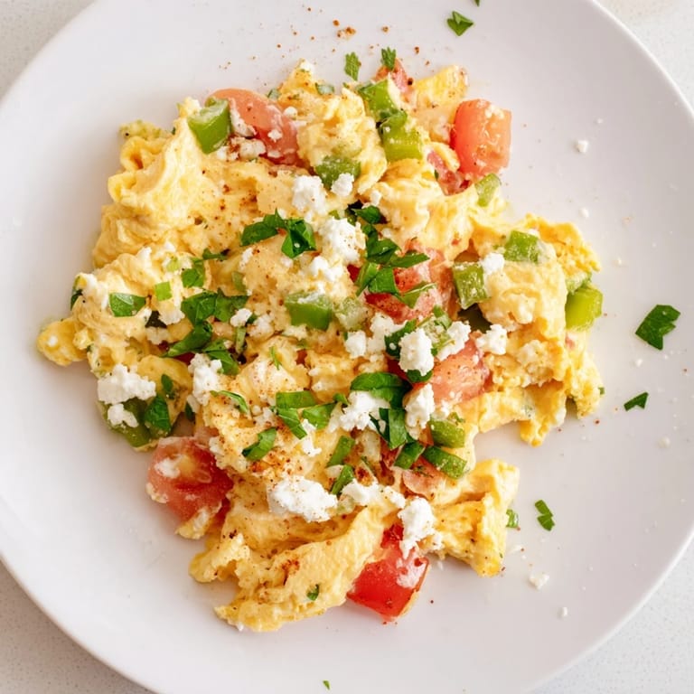 Savory Turkish menemen with beautiful, vibrant colors, seasoned perfectly, and an easy recipe to follow for breakfast.