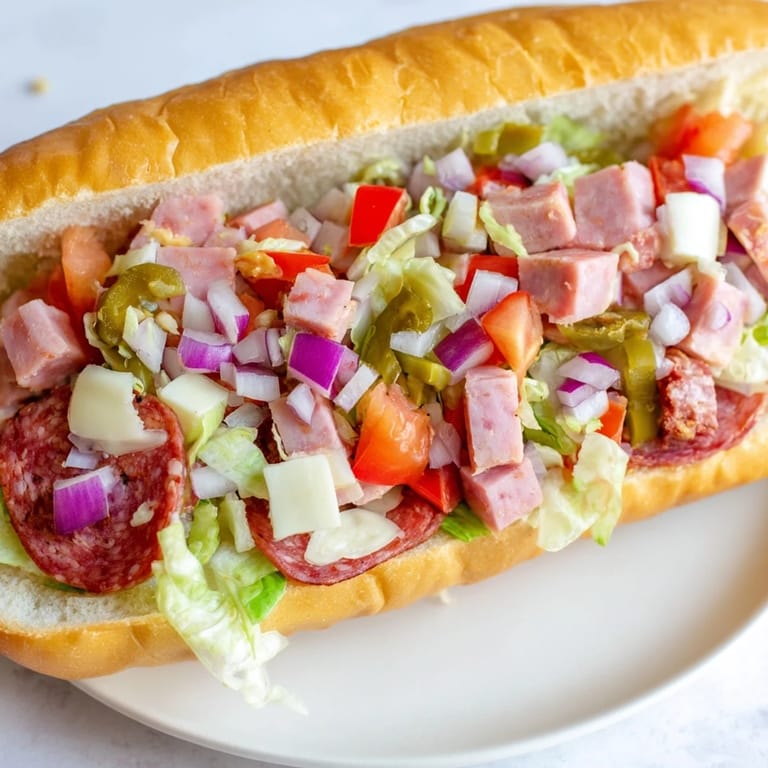Enjoy a delicious bite of this classic Chopped Italian Grinder Sandwich, ready for lunch.