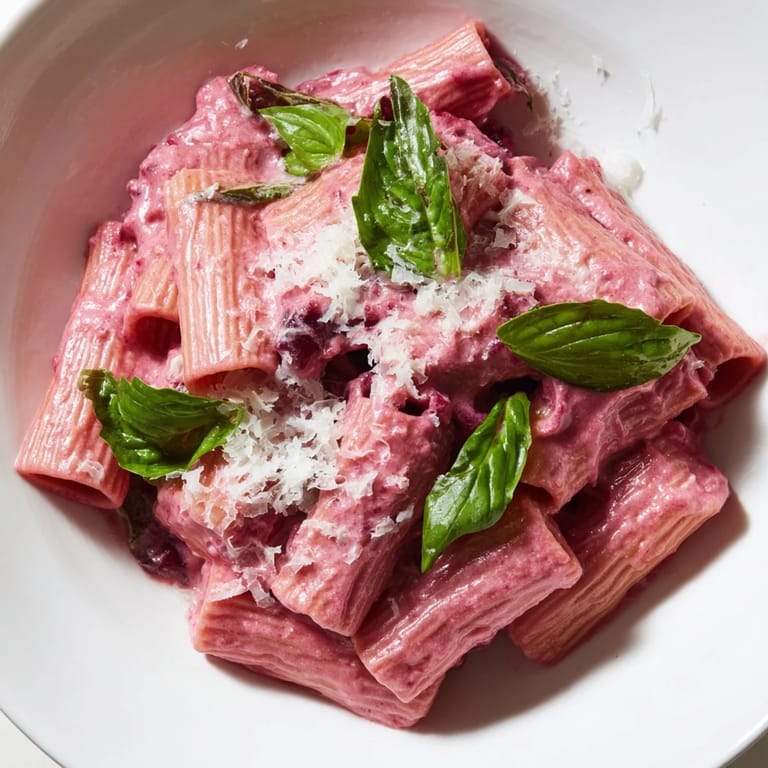 Silky smooth Pink Pasta with Beet Cream, garnished with fresh basil and Parmesan, sounds so flavorful.