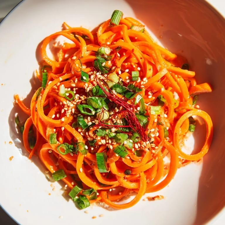 Savory Asian-Style Carrot Ribbon Salad, ready to serve, garnished with cilantro and toasted sesame seeds!