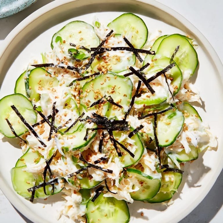 Fresh California Roll Cucumber Salad, served cold: See the colorful nori strips and sesame seeds sprinkled on top.
