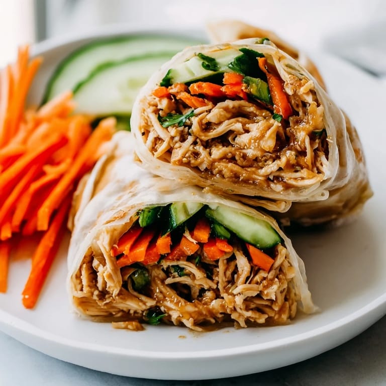 Close-up of freshly pan-fried Garlicky Pulled Chicken Wraps, showcasing the vibrant filling and crisp exterior.