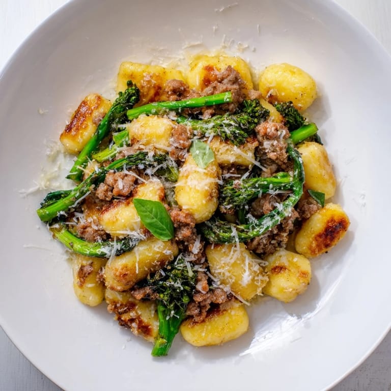 Deliciously roasted Sheet Pan Gnocchi Bake: Tender gnocchi with savory sausage and cheese bubbling on the pan.