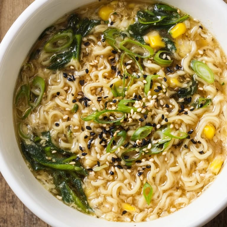 Creamy Elevated Ramen Egg Drop Soup, a comforting Asian-inspired soup with tender noodles and fresh vegetables.