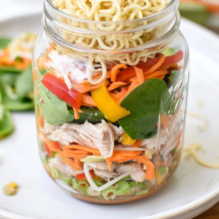 A close-up of a Mason Jar Noodle Meal Prep showing noodles, veggies, and savory sauce ready to eat.