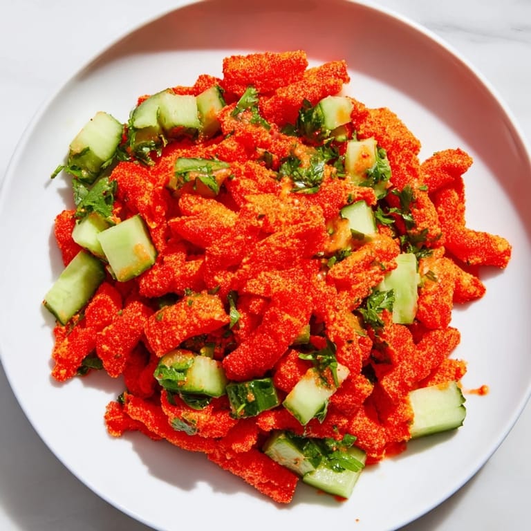 Freshly tossed Flamin Hot Cheeto Salad exploding with color, cilantro, and bold flavors.