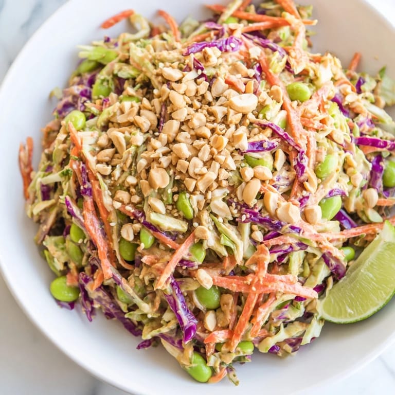 A bowl of fresh Crunchy Thai Peanut Salad, perfect for a refreshing vegetarian meal with lime wedges.