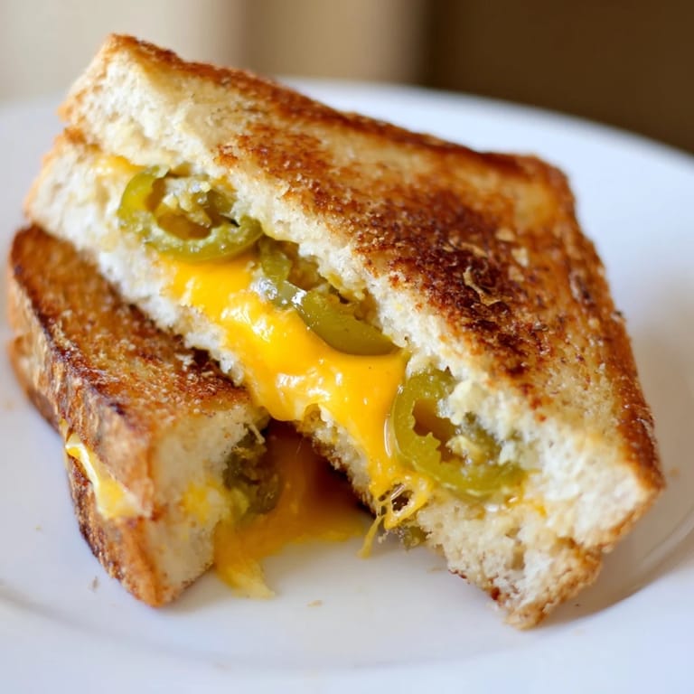 A warm cheddar jalapeño grilled cheese served with tomato soup, ready for a comforting meal.