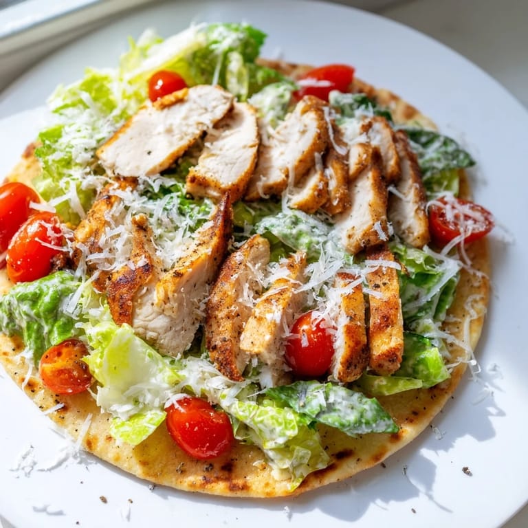 Enjoy a delicious Chicken Caesar Flatbread, featuring tender grilled chicken and a sprinkle of parmesan cheese.