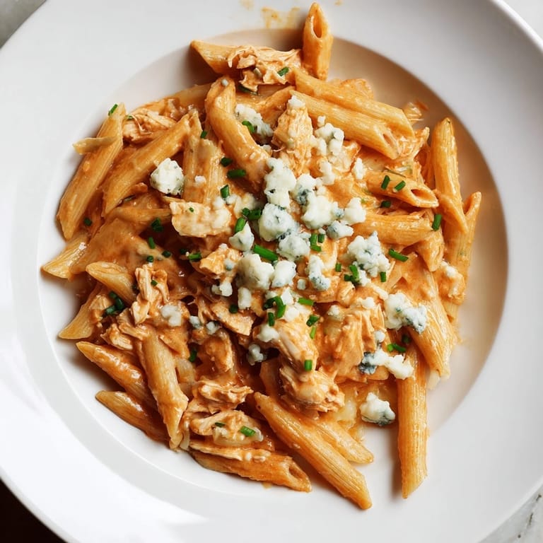 Creamy Buffalo Chicken Pasta, with perfectly coated pasta and savory shredded chicken, is a delicious dinner.