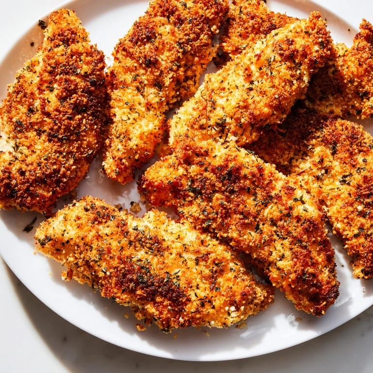 Delicious crispy panko chicken strips, lightly glistening from olive oil, ready to be enjoyed with sauce.