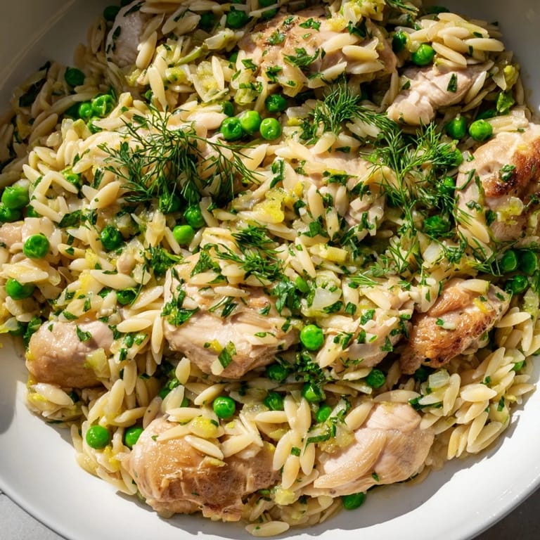 A visually appealing, one-pan Lemon Herb Chicken Orzo skillet, ready to serve for a simple dinner.