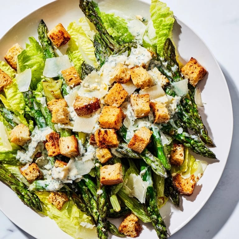 Fresh Roasted Asparagus Caesar Salad features tender asparagus over crisp romaine, finished with shaved Parmesan.