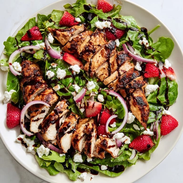 Fresh ingredients make up this inviting Strawberry Balsamic Chicken Salad, ready for a delicious meal.