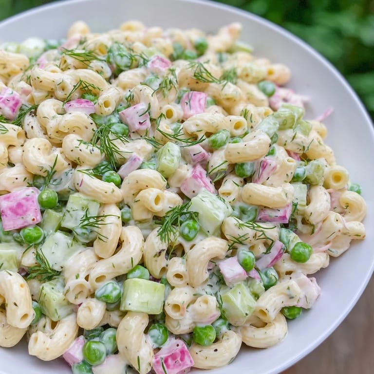 This creamy dill pickle pasta salad features ditalini pasta, creamy dressing, and refreshing pickles, ready to serve.