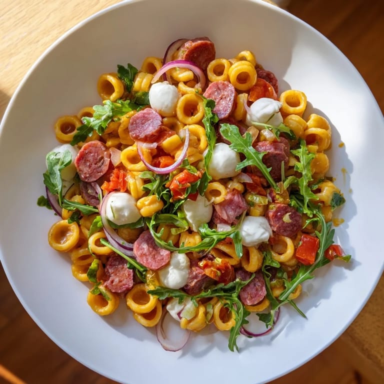 Close-up of freshly tossed Spring Antipasto Pasta Salad, featuring ditalini and a zesty, flavorful dressing.