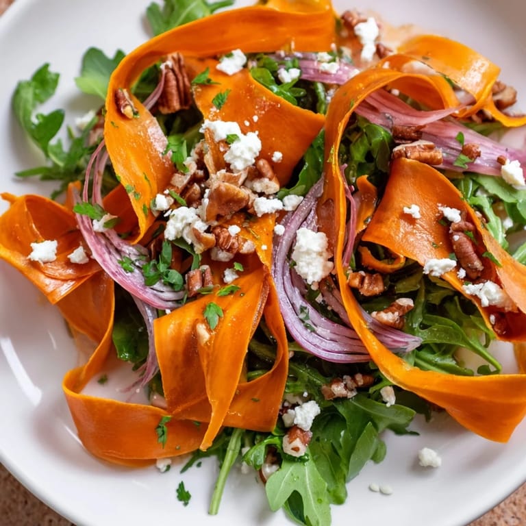 Enjoy the sweet and savory flavors of this easy roasted carrot ribbon salad recipe.