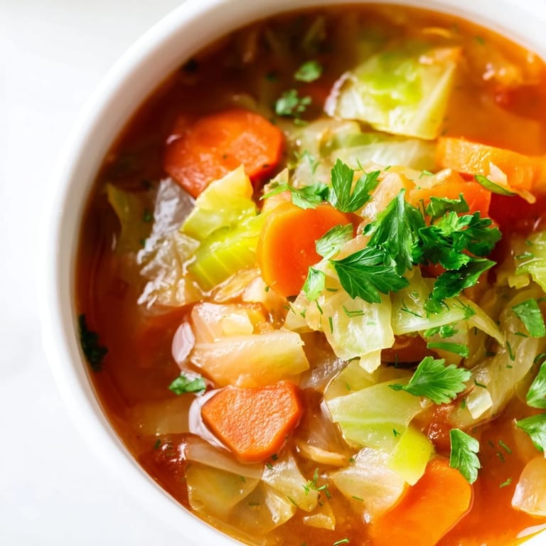 Classic Cabbage Soup simmering in a pot, revealing vibrant vegetables like cabbage, carrots, and onions in a savory tomato-based broth.