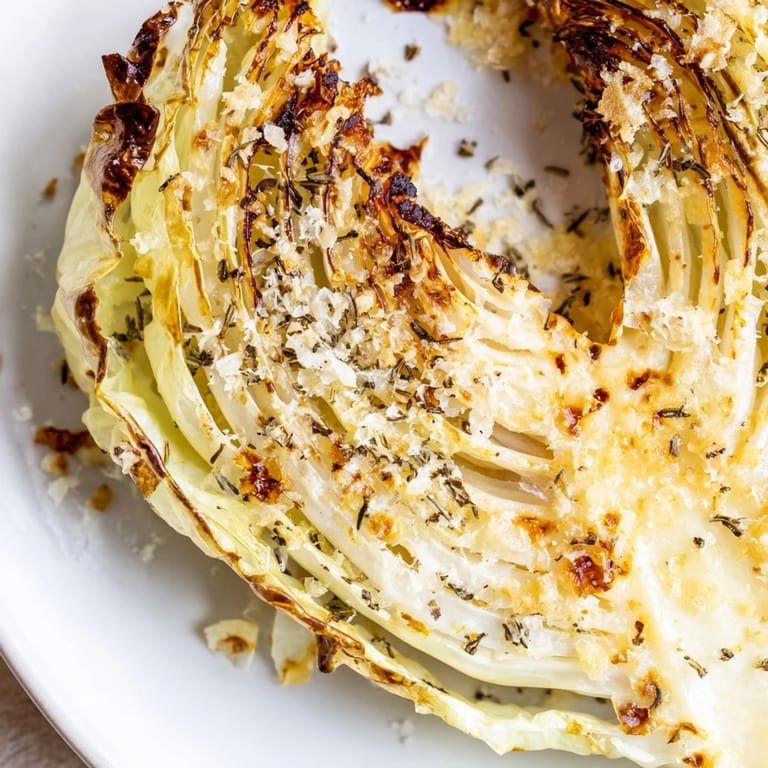 Garlic Parmesan cabbage wedges with crispy edges and tender centers, plated beside a weeknight steak for a simple side.