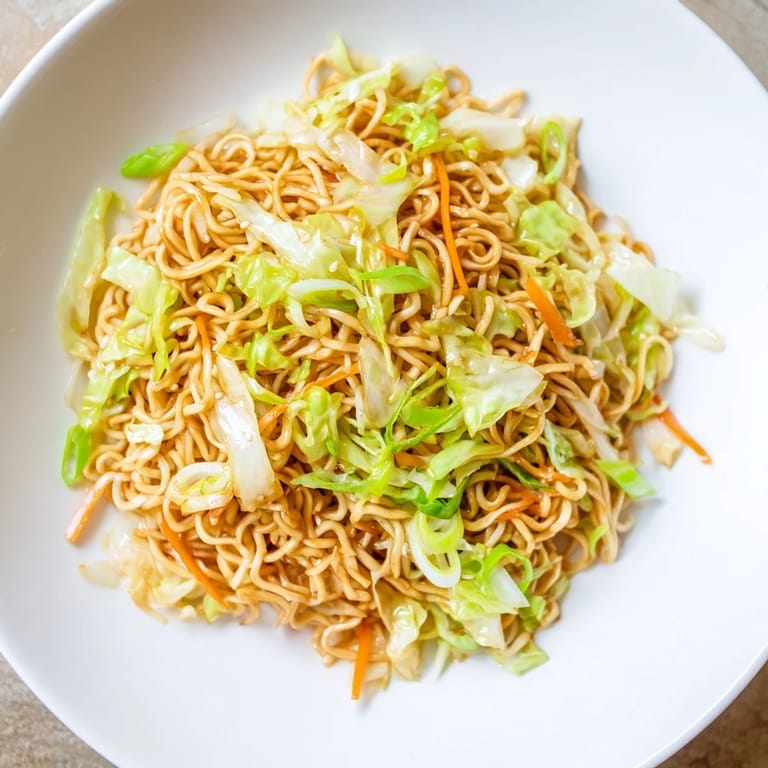 Fried Cabbage Ramen served in a bowl with julienned carrots and a drizzle of sesame oil.