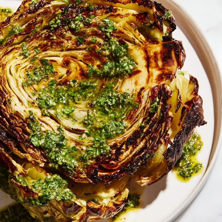 Thick-cut cabbage steaks roasted to caramelized perfection, drizzled with vibrant green jalapeño chimichurri for serving.
