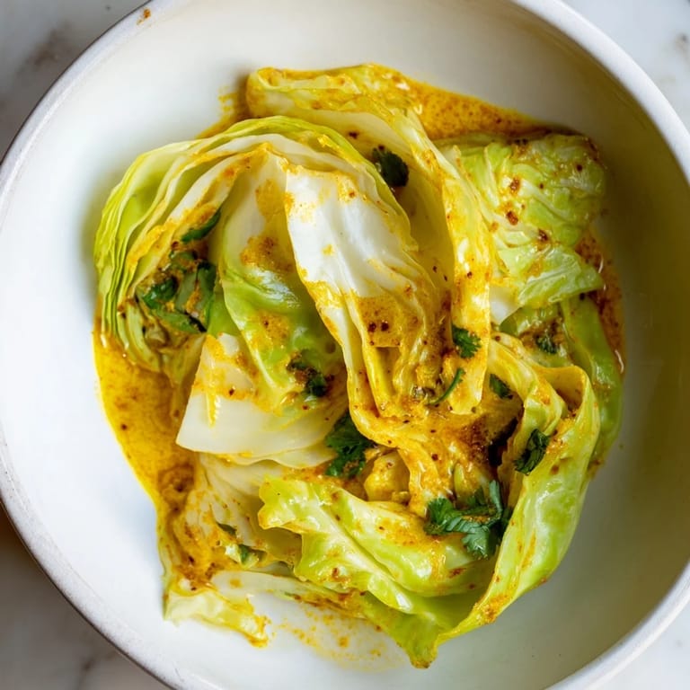 A steaming bowl of Coconut Braised Cabbage, its silky spiced sauce clinging to each leaf, garnished with crunchy toasted coconut flakes.  
