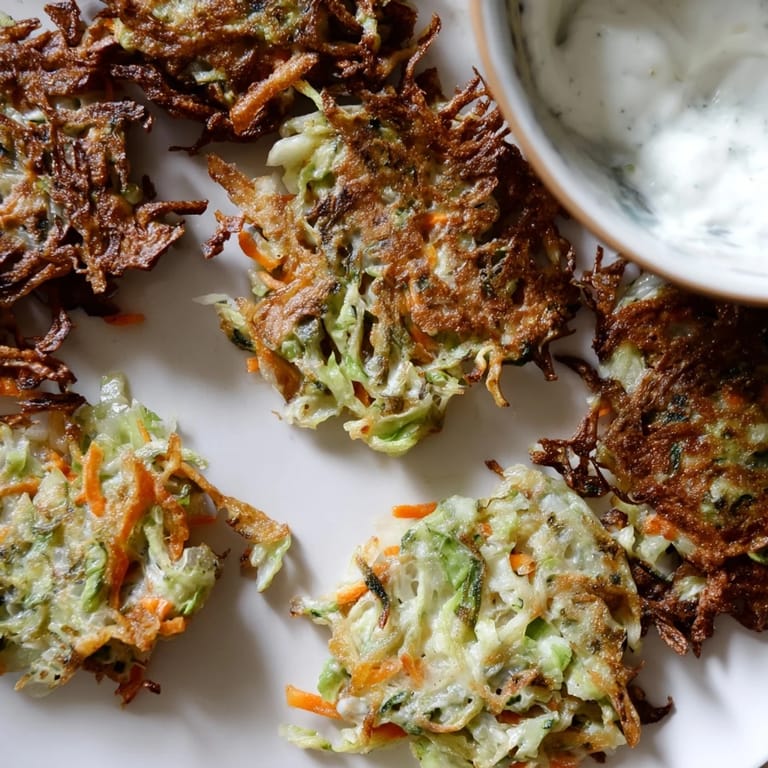 Freshly fried Cabbage Fritters with Dipping Sauce, garnished with parsley beside a creamy yogurt dip.  